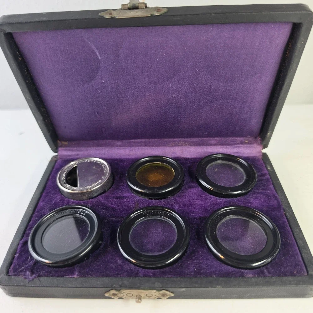 Burke & James Vintage Camera Lens Filter Set Wide Angle Portrait Duplicator Case